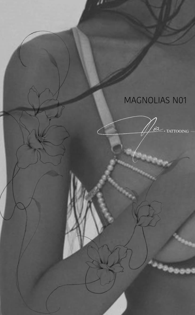 Magnolias N01 — fine line magnolia tattoo · Nia Tattooing