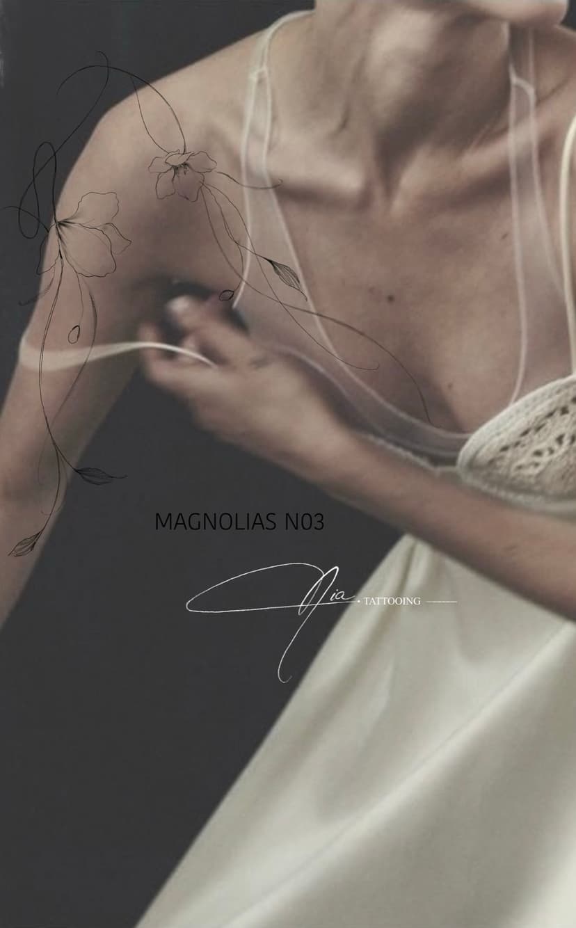 Magnolias N03 — fine line magnolia tattoo · Nia Tattooing