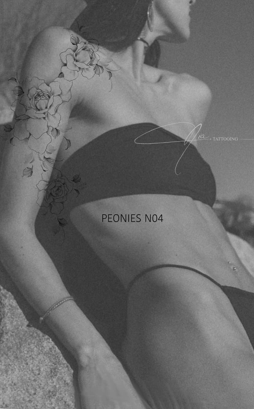 Peonies N04 — fine line peony tattoo · Nia Tattooing