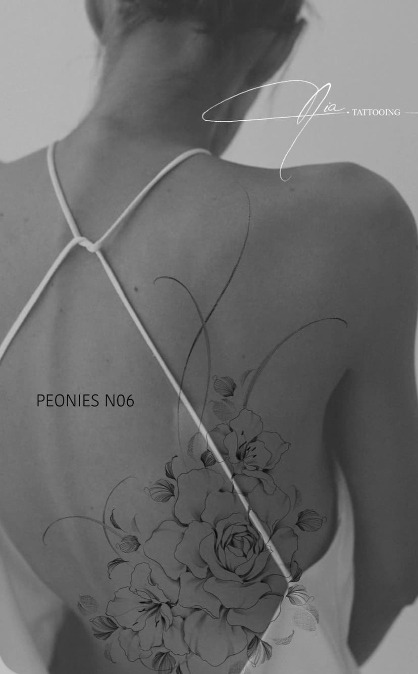 Peonies N06 — fine line peony tattoo · Nia Tattooing