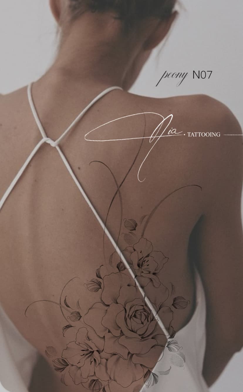 Peony N07 — fine line peony on back · Nia Tattooing
